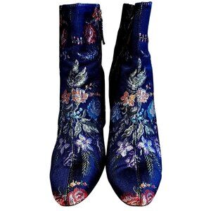 Zara Floral Brocade Pointed Toe Ankle Boots With Block Heel Side Zipper Size 41